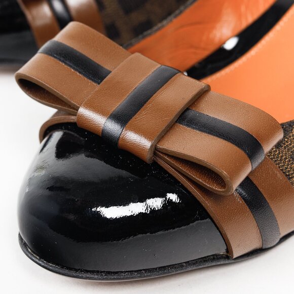 Fendi Brown Black Zucca Canvas Leather Bow Cap Toe Pumps, Size 5.5 - Picture 7 of 10